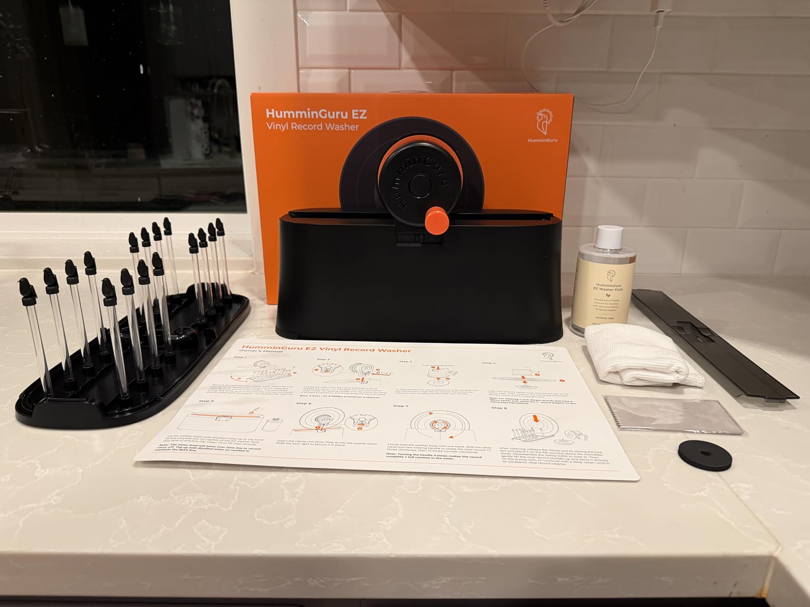 HumminGuru EZ Record Washer - Anti-Static Vinyl Record Cleaner Machine Kit | Easy Spin Watertight Label Clamp, Gentle Goat-Hair Cleaning Brushes & Alcohol-Free LP Fluid, Drying Rack & Microfiber Cloth customer photo 1