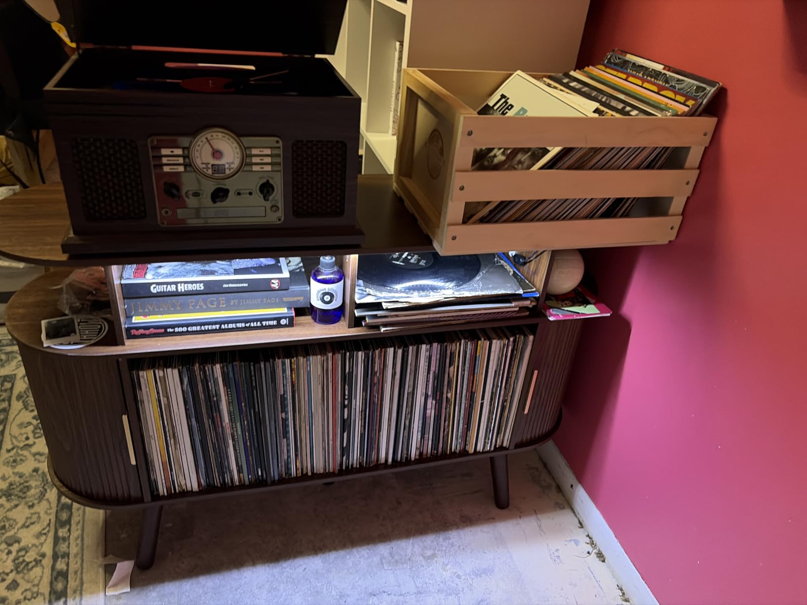 PRAISUN 47.2 Inch Large Record Player Stand with Power Outlets & 3-Color Lights, Vinyl Record Stand with 2 Fluted Cabinets, USB-C Port, Mid Century Modern Player Stand, Open Storage, Walnut customer photo 1